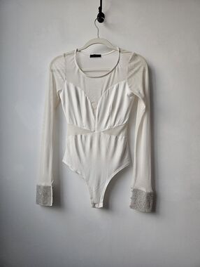 Lac Bleu Pearl Rinestone Cuffed Illusion Long Sleeve One-Piece Bodysuit